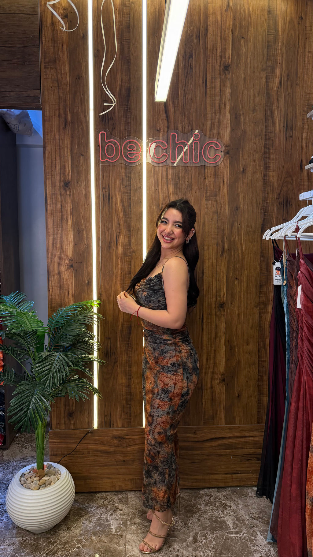“Orange floral tulle dress”