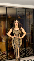 Tiger print cap dress with guipure lace