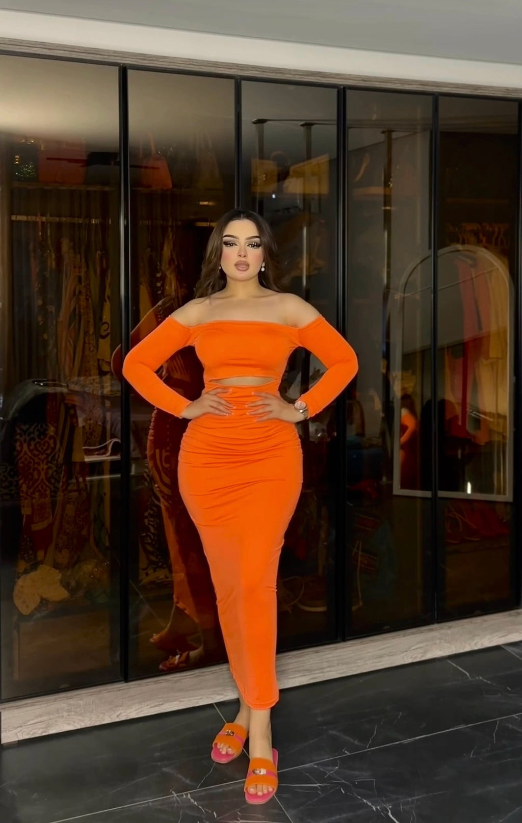 Orange dress with an open midriff