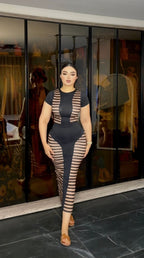 Black striped skirt and short-sleeved top set